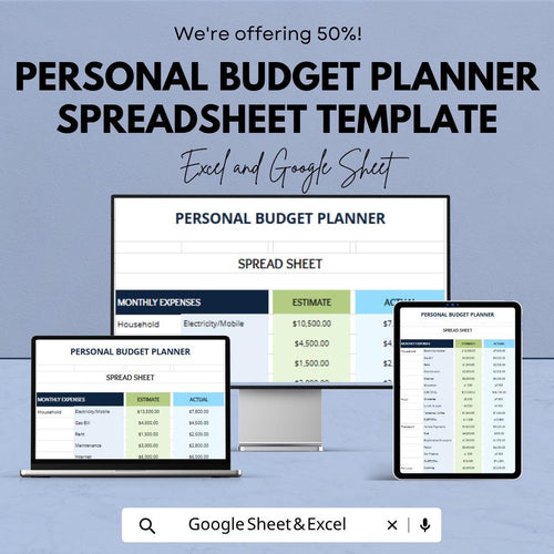 Personal Budget Planner Spreadsheet Template for Excel & Google Sheets | Monthly Budget Tracker | Expense Planner | Financial Budget Sheet |