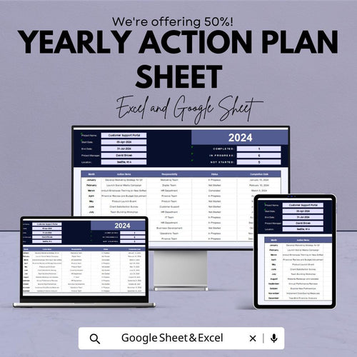 Yearly Action Plan Sheet - Excel & Google Sheet Template for Annual Project Management