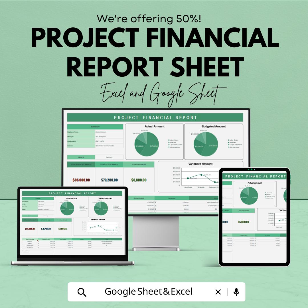 Project Financial Report Sheet for Budget Tracking and Expense Management | Excel and Google Sheets | Financial Dashboard Template
