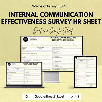 Internal Communication Effectiveness Survey HR Sheet | Excel & Google Sheet Template for Employee Feedback | 50% Off Now!