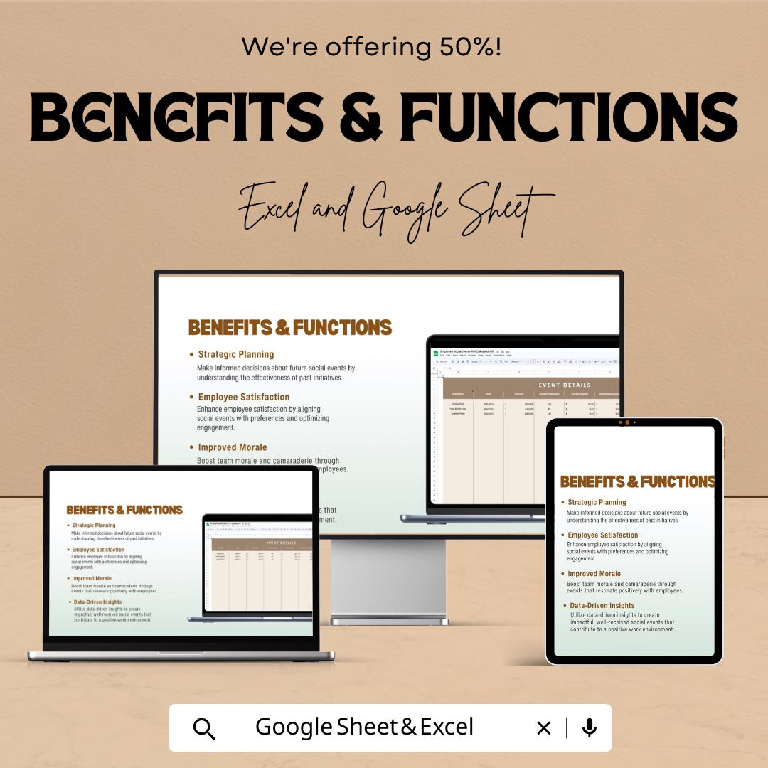 Employee Social Events ROI Calculator HR Template | Excel & Google Sheets HR Analytics | Event Rol and Engagement Tracker