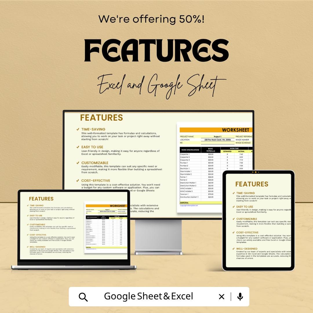 Construction Labor Worksheet Template | Construction Timesheet Spreadsheet | Contractor Payroll Tracker | Excel & Google Sheets |