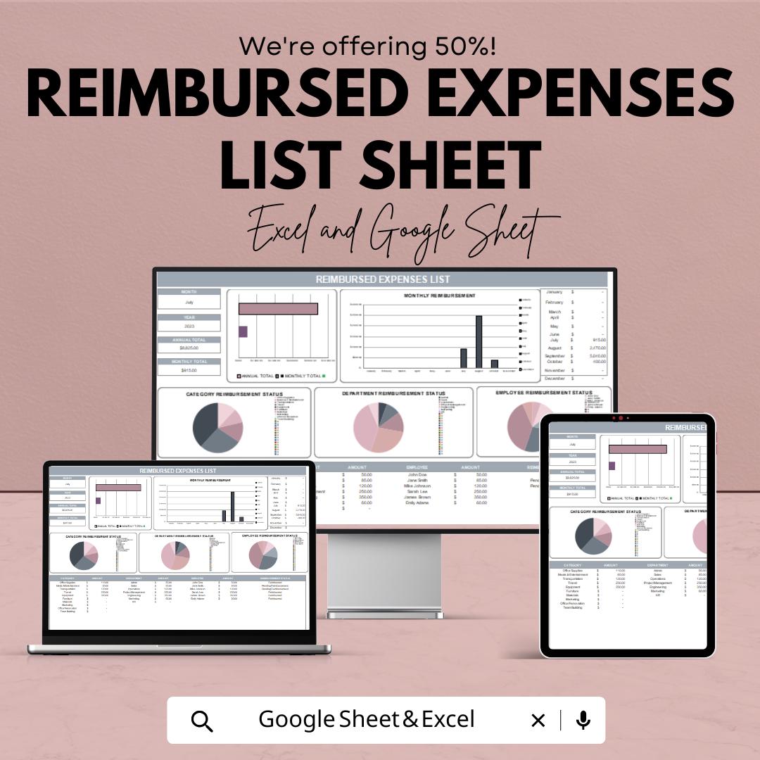 Reimbursed Expenses List Sheet | Google Sheets & Excel Reimbursement Tracker | Business Expense Log | Automated Expense Sheet