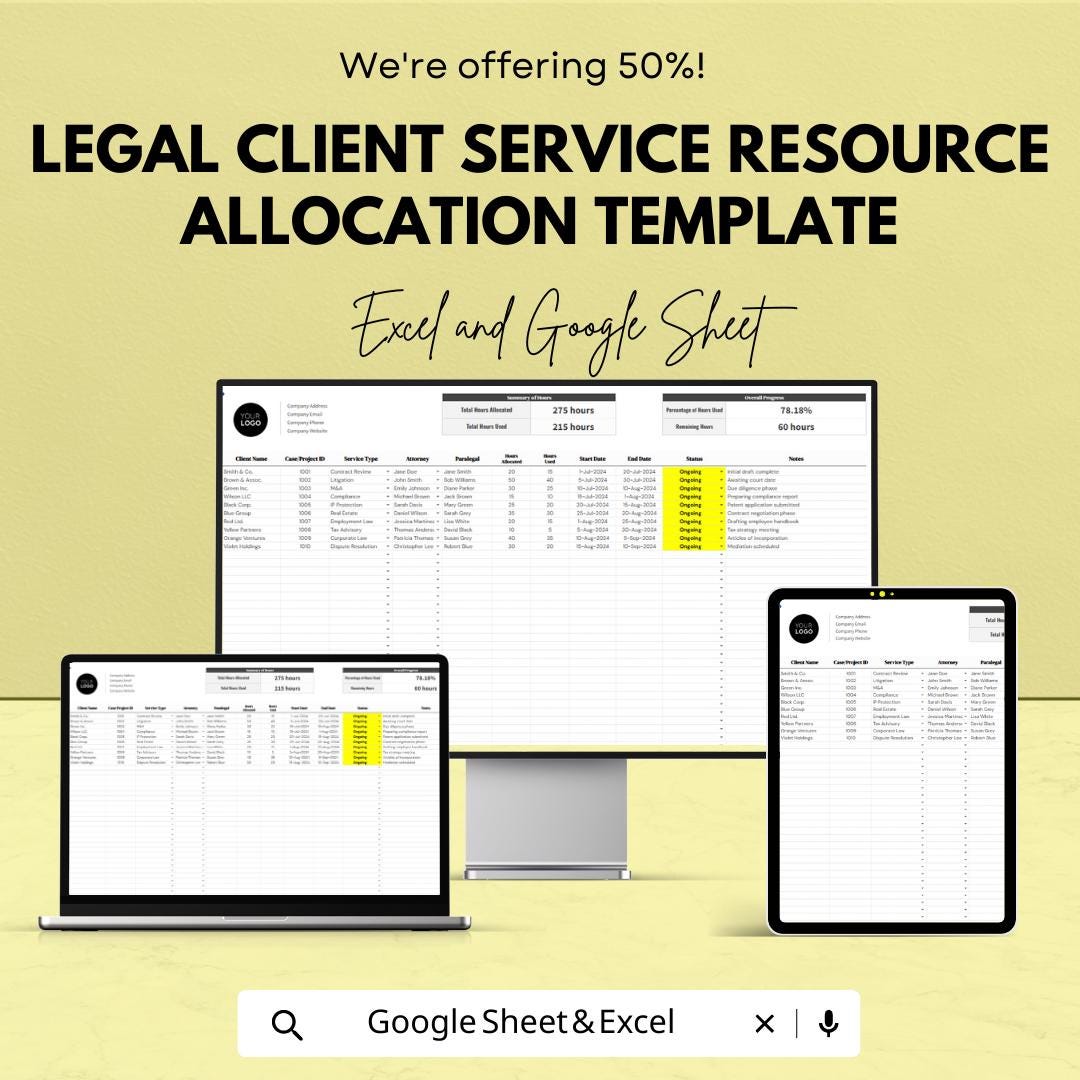 Legal Client Resource Allocation Template, Law Firm Resource Planner, Attorney Workload Tracker, Legal Service Scheduler