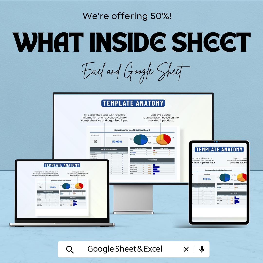 Operations Service Ticket Dashboard | Excel & Google Sheets | Helpdesk Tracker | Performance Metrics Sheet | Issue Resolution Log