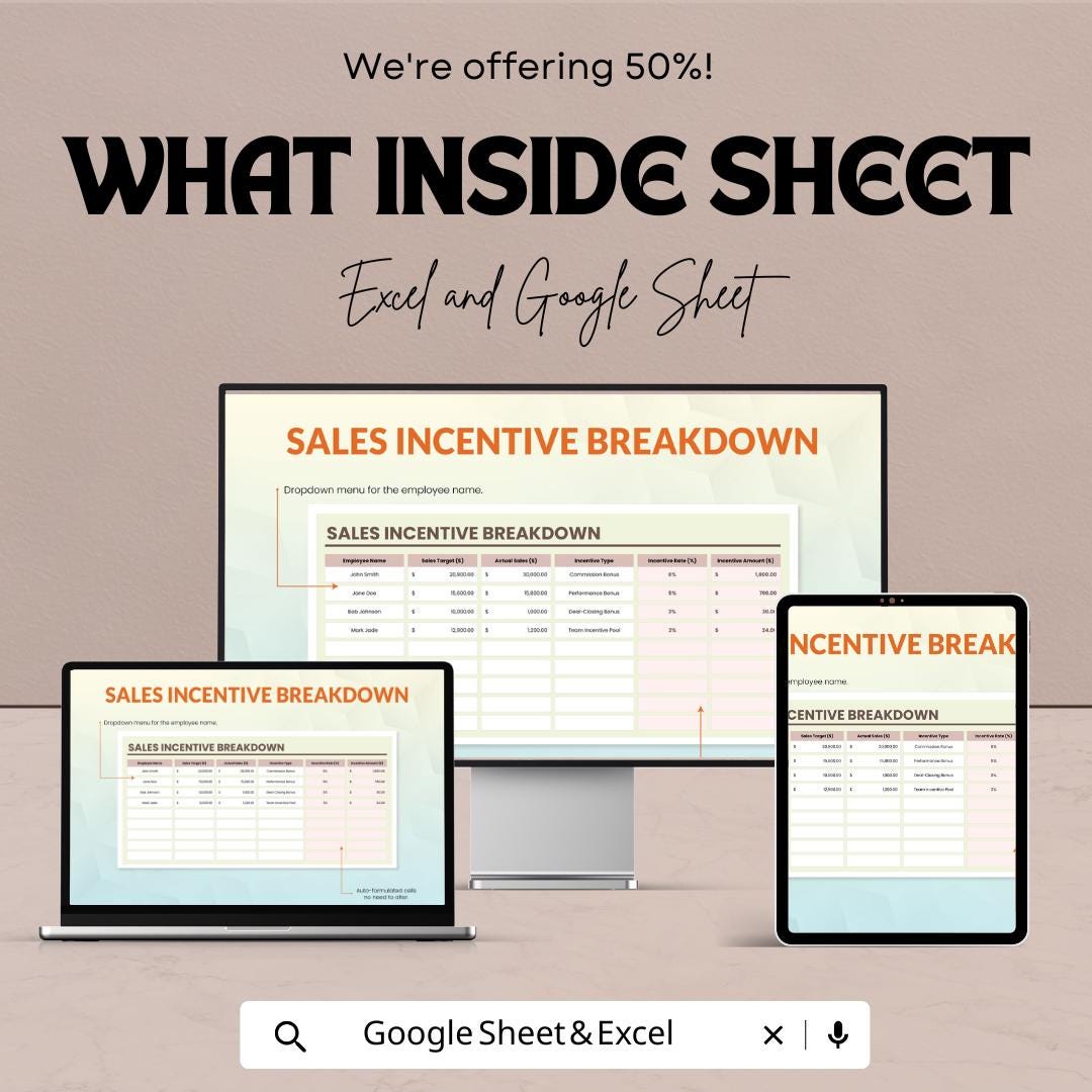 Sales Incentive Breakdown Template | Excel & Google Sheets | Commission Tracker | Sales Bonus Calculator | Incentive Plan Spreadsheet