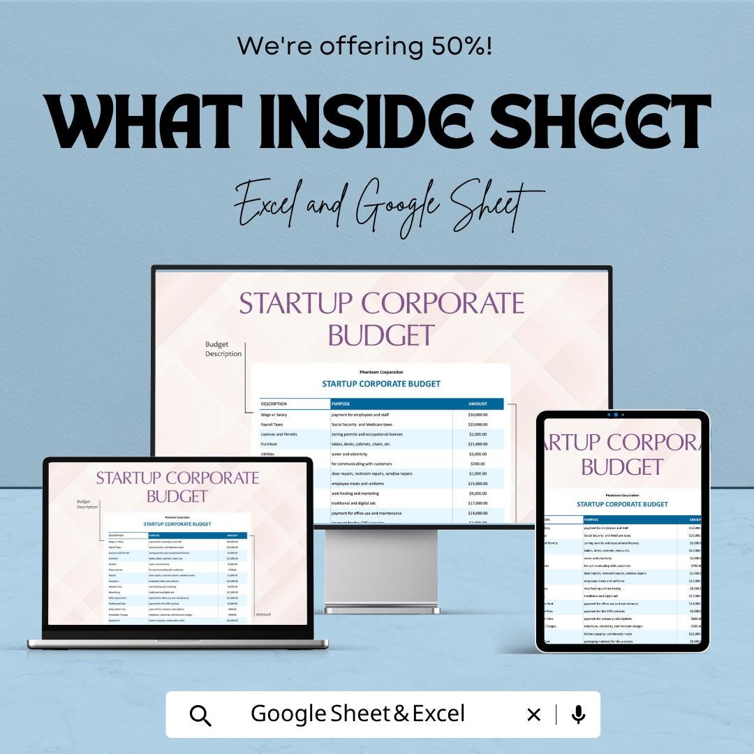 Startup Corporate Budget Template | Corporate Budget Spreadsheet | Business Financial Planning Sheet | Excel & Google Sheets |