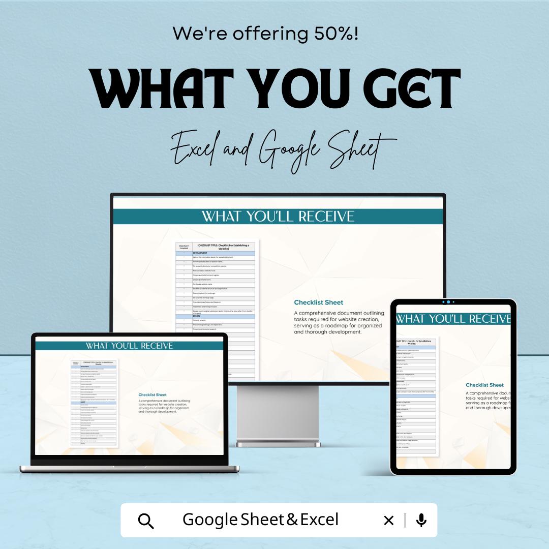 Checklist for Establishing a Website - Easy Website Setup Template for Business - Google Sheet & Excel