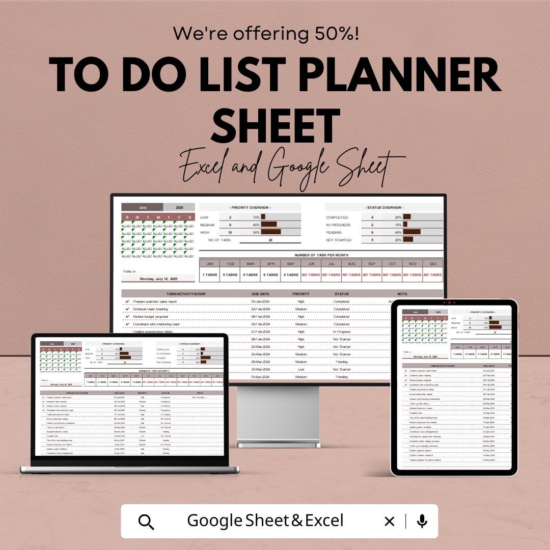 To Do List Planner Sheet - Daily Task Organizer Excel and Google Sheet - Priority Tracker & Scheduling Planner - 2025 Planner Template