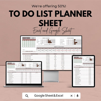 To Do List Planner Sheet - Daily Task Organizer Excel and Google Sheet - Priority Tracker & Scheduling Planner - 2025 Planner Template
