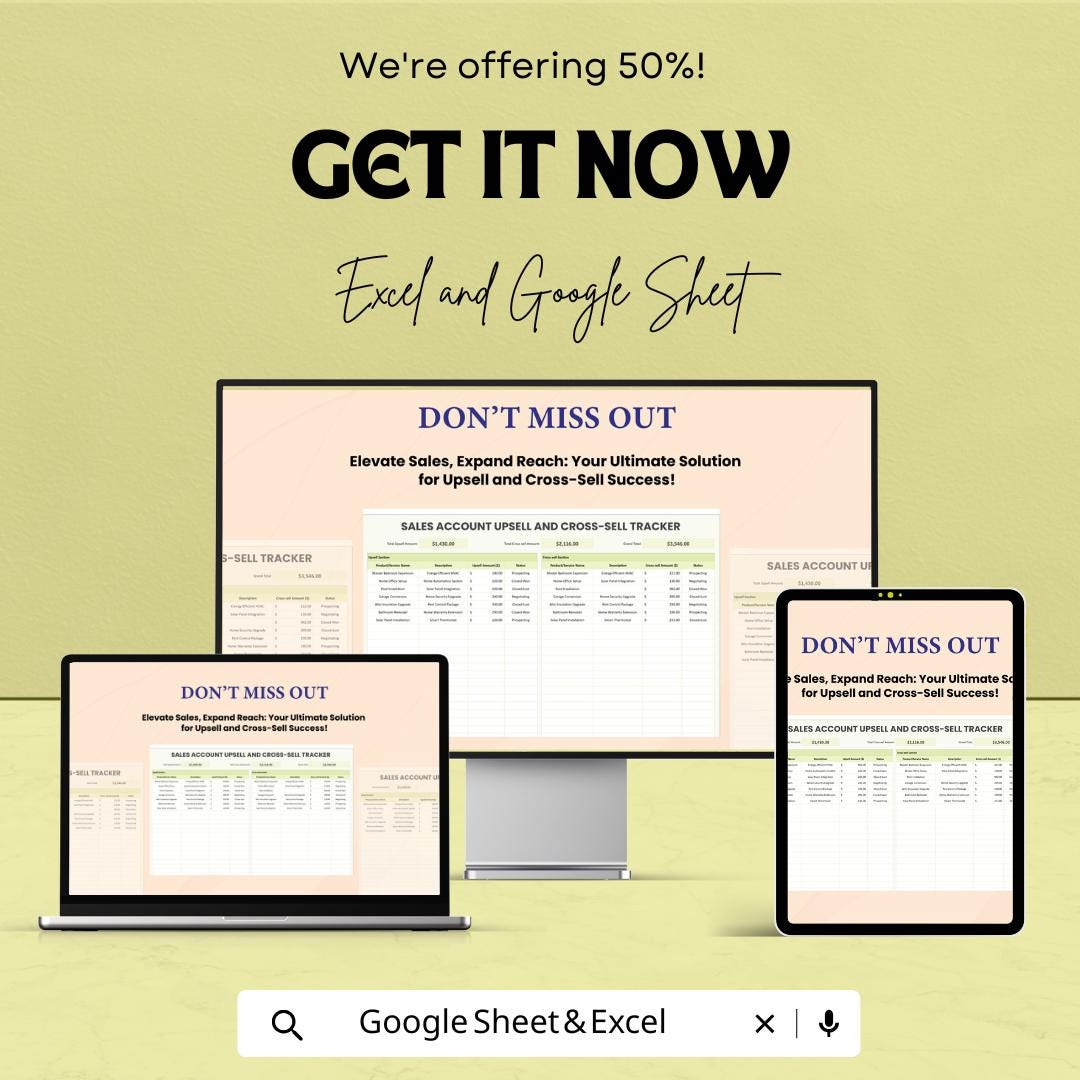 Sales Account Upsell and Cross-Sell Tracker Template | Sales Management Spreadsheet | Excel & Google Sheets CRM Tool | Growth Tracker |