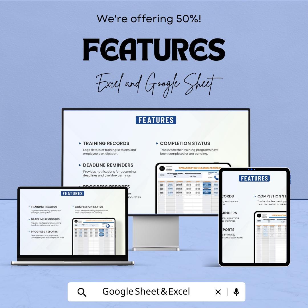 Operations Training Completion Tracker Template | Employee Training Log | HR Training Tracker | Staff Compliance Record
