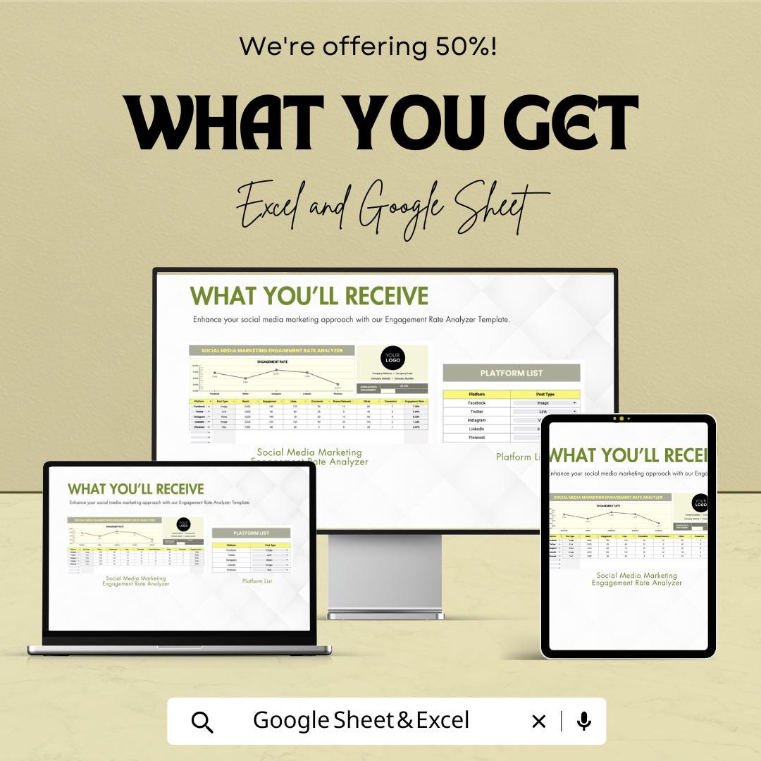 Social Media Engagement Rate Analyzer Template | Social Media Analytics Tracker | Engagement Rate Calculator | Marketing Report Template