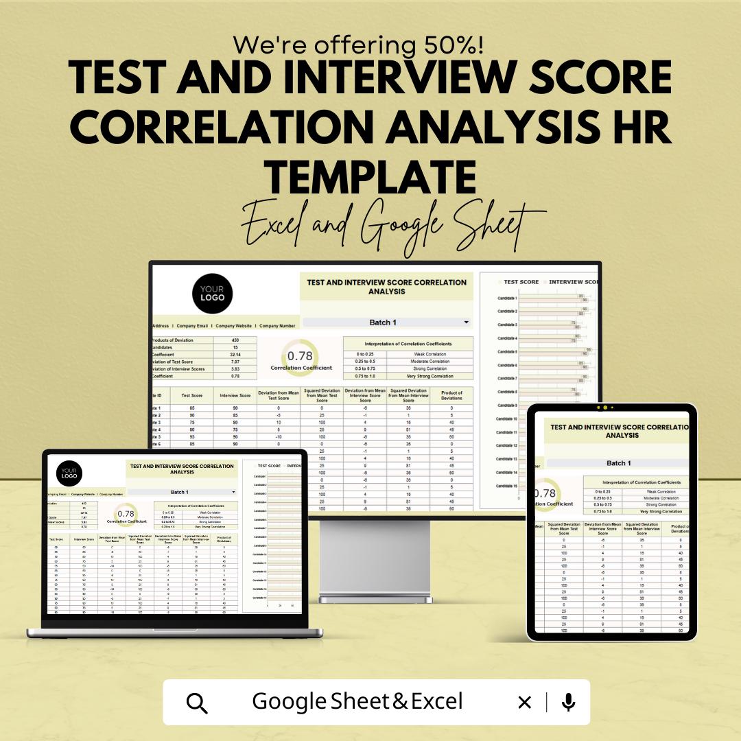 Test and Interview Score Correlation Analysis HR Template | Hiring Analytics Spreadsheet | Excel & Google Sheets Recruitment Tool