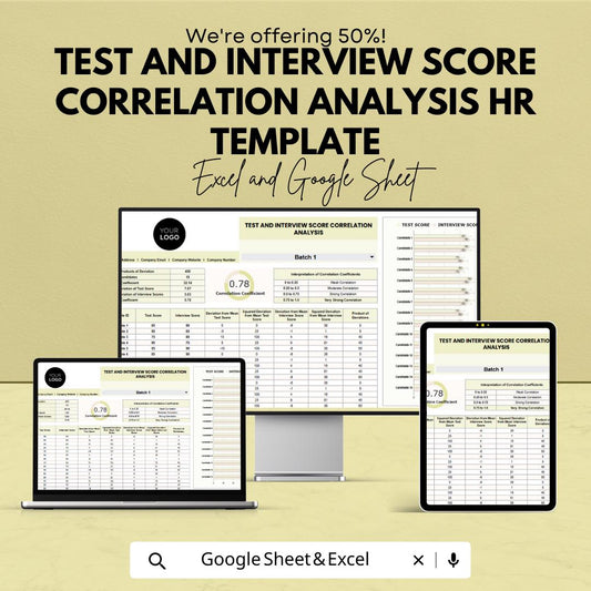 Test and Interview Score Correlation Analysis HR Template | Hiring Analytics Spreadsheet | Excel & Google Sheets Recruitment Tool