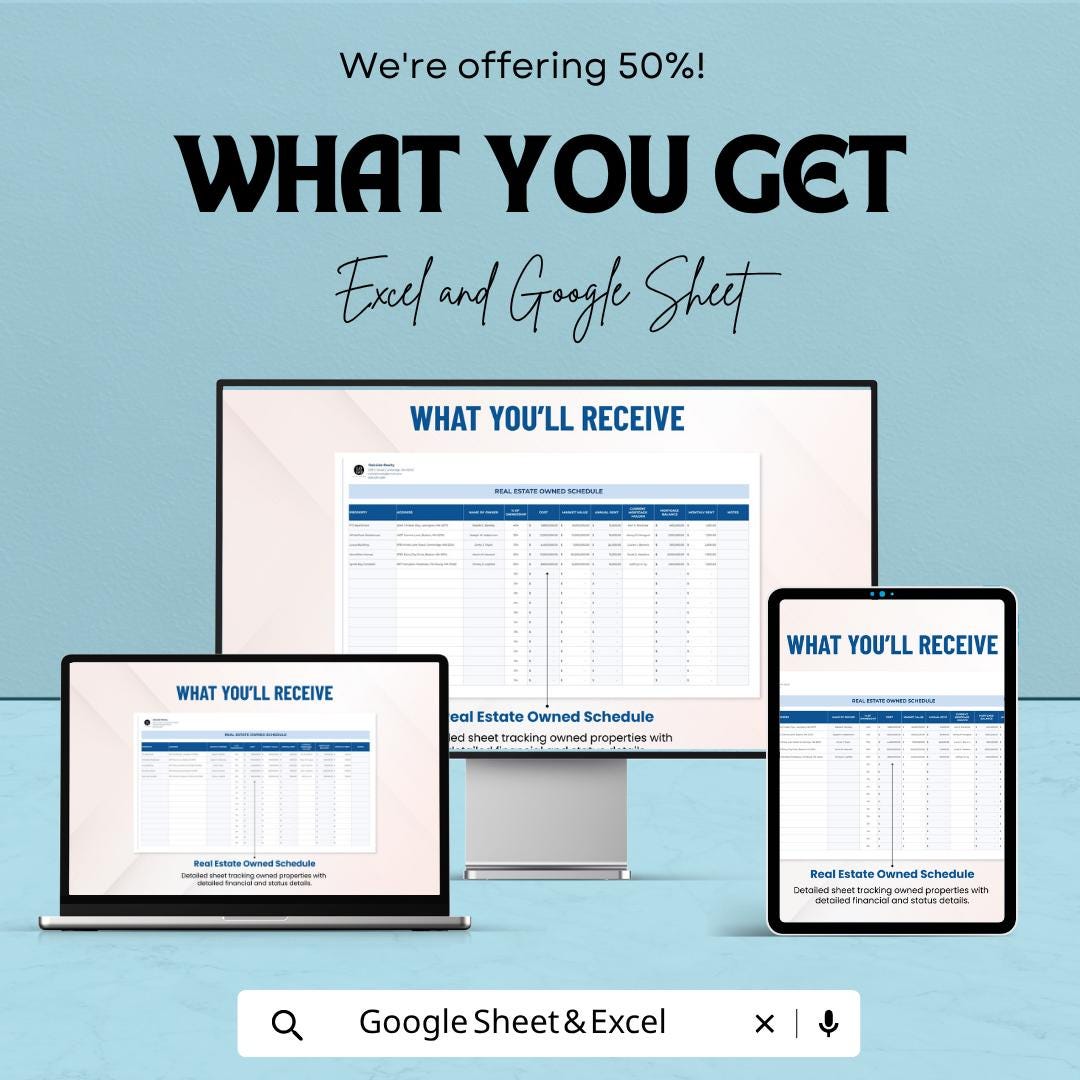 Real Estate Owned Schedule Template | Rental Property Tracker | Property Management Spreadsheet | Excel Google Sheets | Investment Tracker