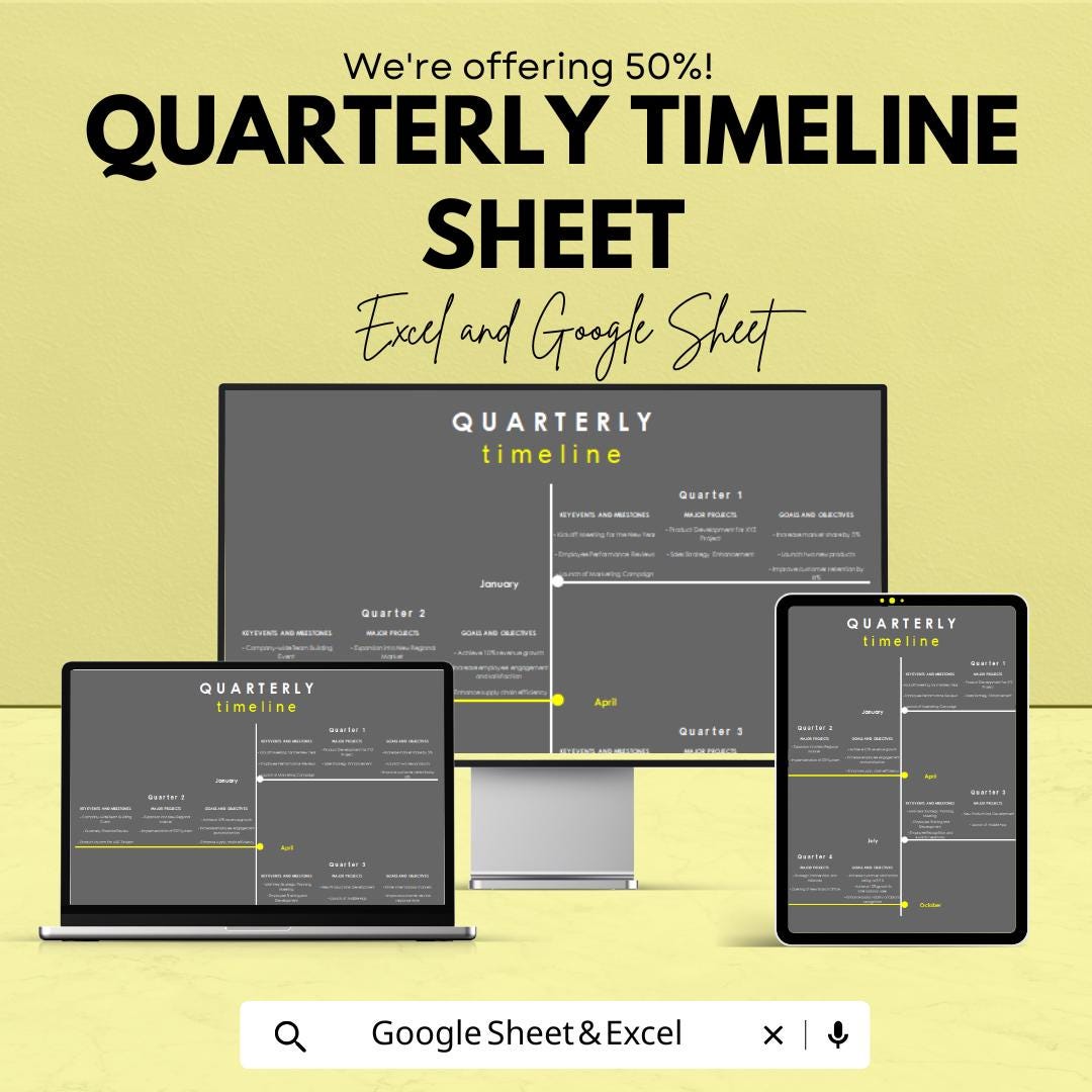 Quarterly Timeline Sheet | Project Management Template | Goal Setting | Business & Personal Planner | Track Progress and Milestones