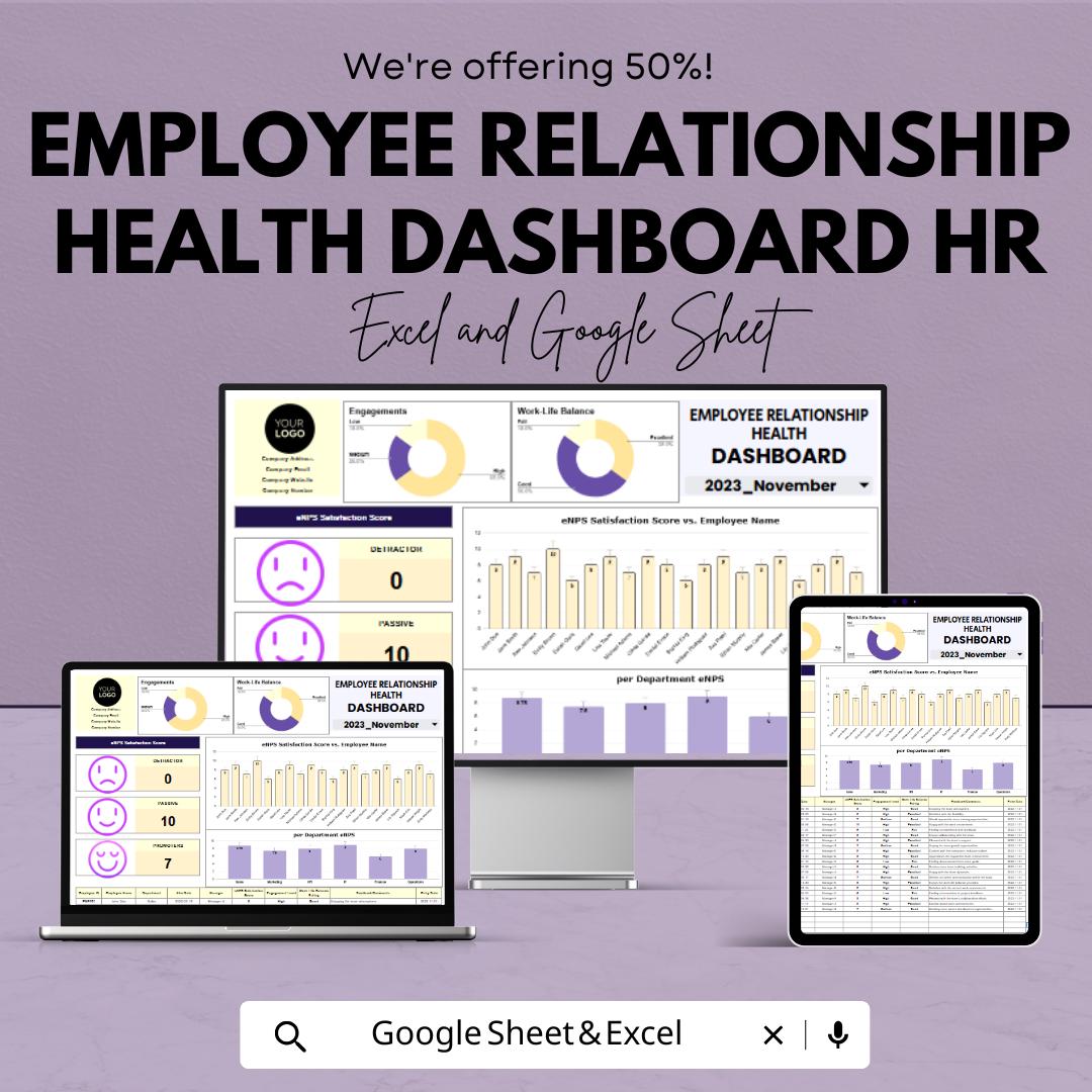 Employee Relationship Health Dashboard HR Template - Excel & Google Sheets, Track Employee Satisfaction, Engagement, HR Analytics