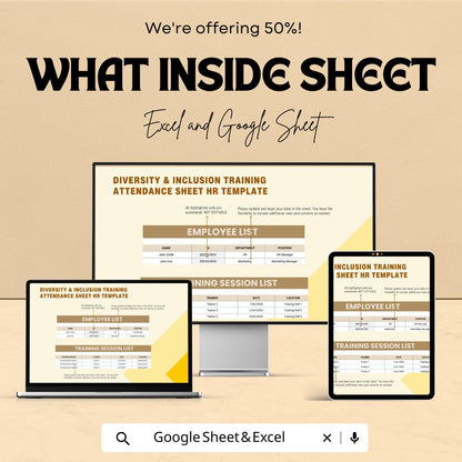Diversity & Inclusion Training Attendance Sheet | HR Attendance Tracker Template | Excel andGoogle Sheets | Employee Training Record