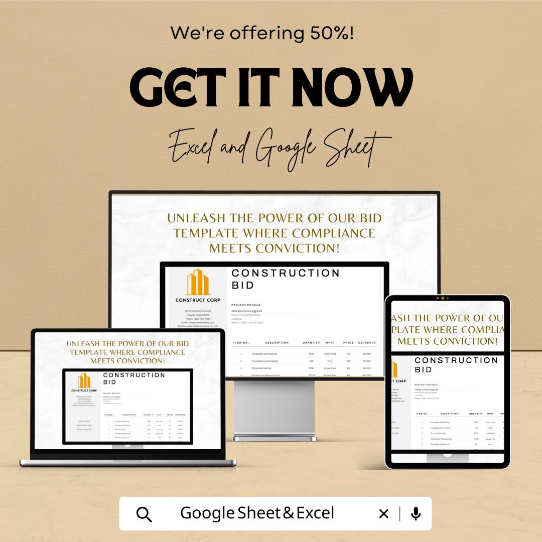 Government Construction Bid Template Excel | Contractor Bid Proposal Template | Construction Cost Estimate Spreadsheet |  Bid Template