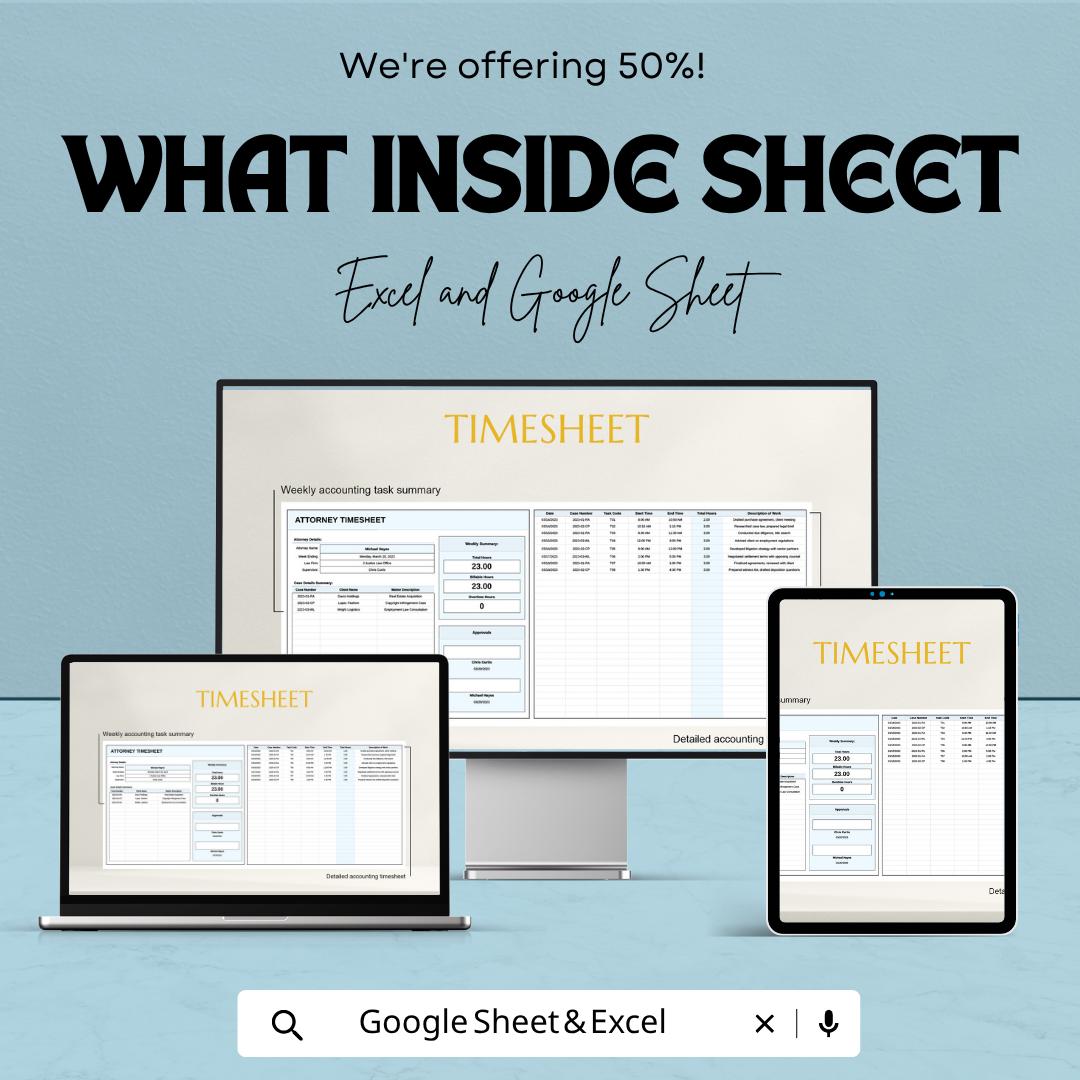 Attorney Timesheet Template | Legal Billing Tracker | Lawyer Time Tracking Spreadsheet | Excel & Google Sheets | Billable Hours Log