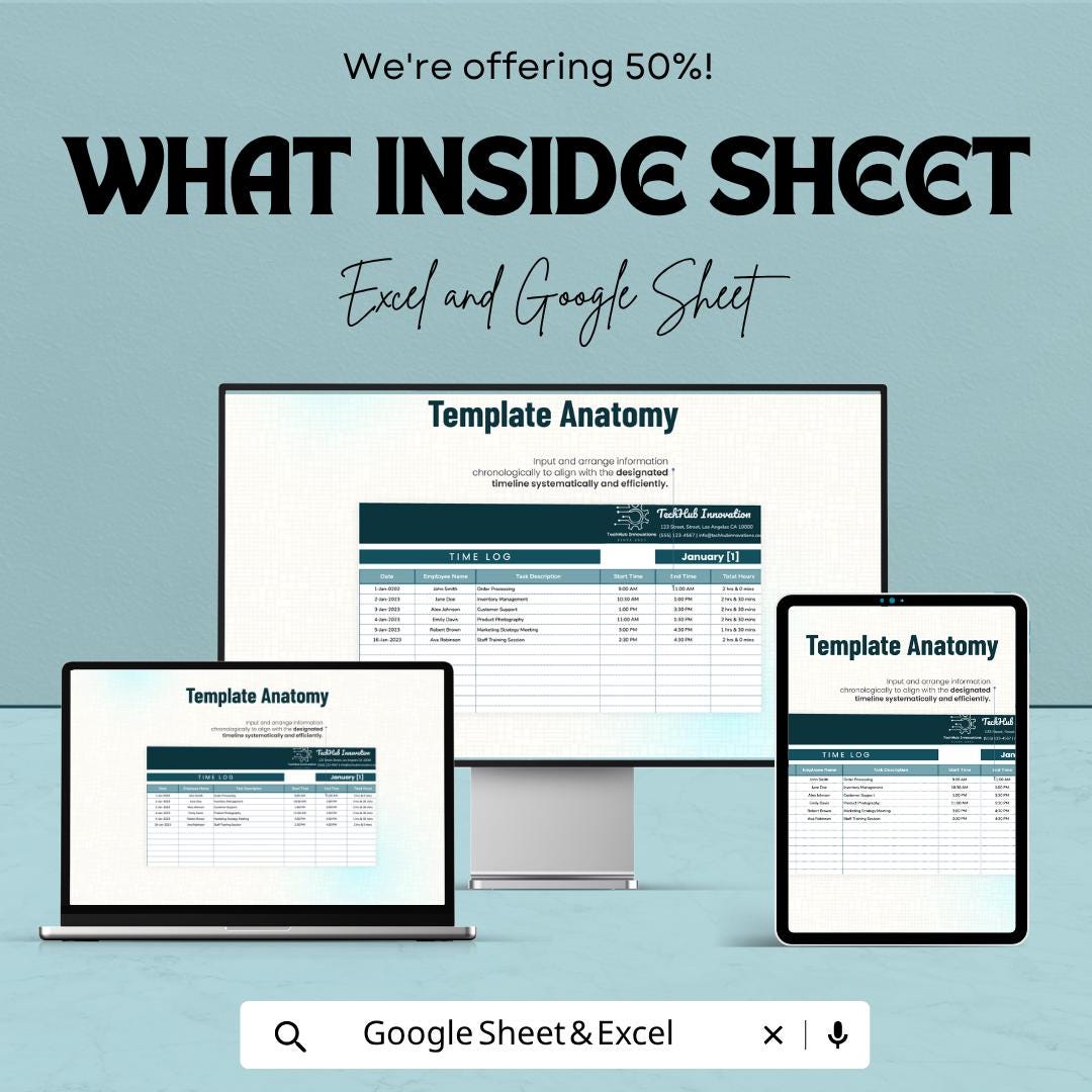 Time Log Sheet Template | Excel Time Tracker Spreadsheet | Employee Hours Tracker Template | Google Sheets & Excel |