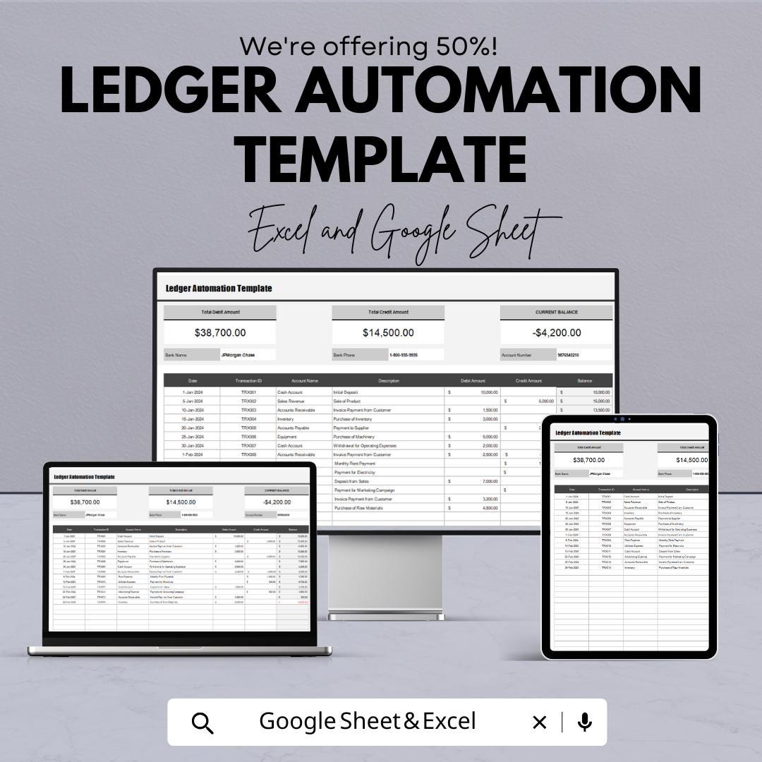 Ledger Automation Template | Automated Accounting Spreadsheet | Business Finance Tracker | Transaction Log Template