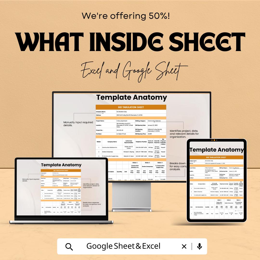 Bid Tabulation Template - Excel & Google Sheets | Vendor Comparison | Project Bid Analysis Tool