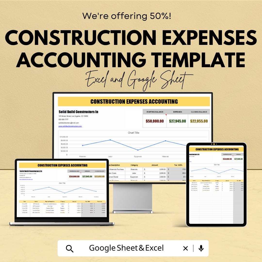 Construction Expenses Accounting Template | Excel & Google Sheets | Job Cost Tracker | Contractor Expense Log | Project Budget Spreadsheet