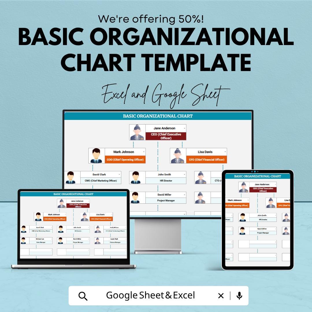 Basic Organizational Chart Template | Org Chart Spreadsheet | Company Structure Template | Excel & Google Sheets | Employee Hierarchy Chart