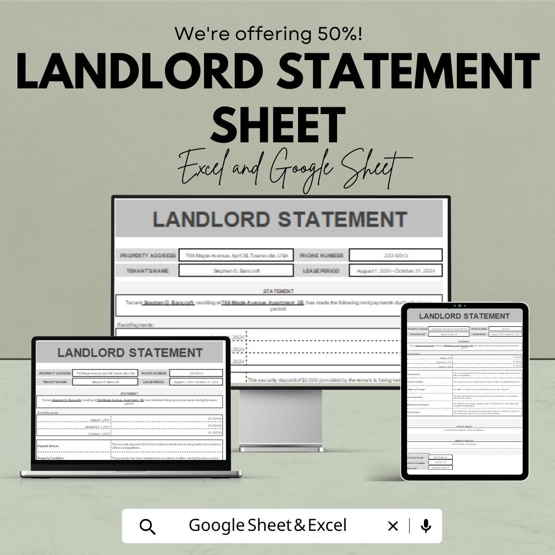 Landlord Statement Template | Rental Payment Tracker | Tenant Billing Sheet | Excel & Google Sheet