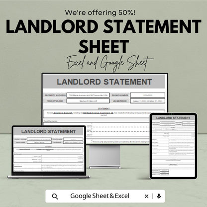 Landlord Statement Template | Rental Payment Tracker | Tenant Billing Sheet | Excel & Google Sheet