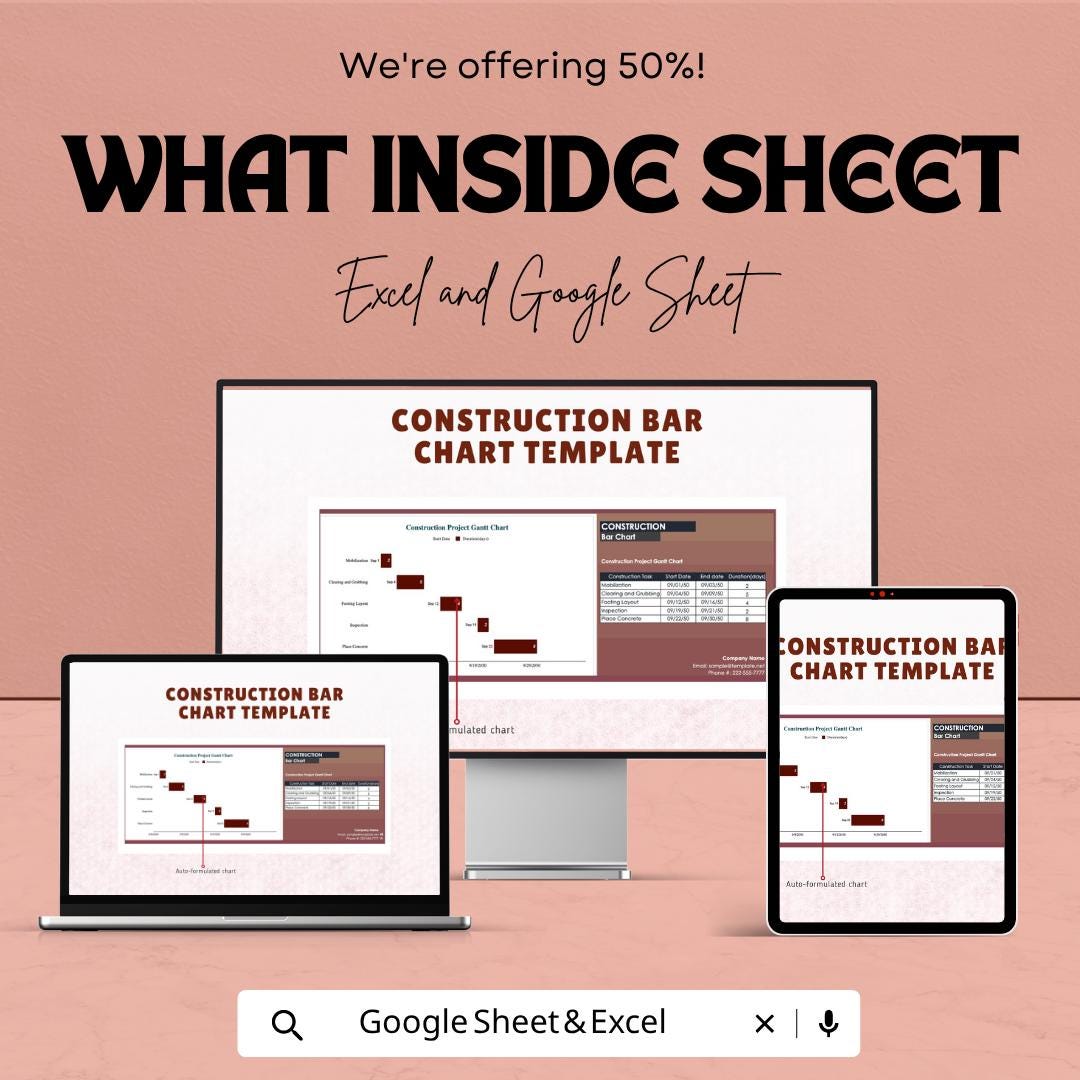 Construction Bar Chart Template | Construction Gantt Chart Spreadsheet | Project Timeline Planner | Construction Schedule Template |