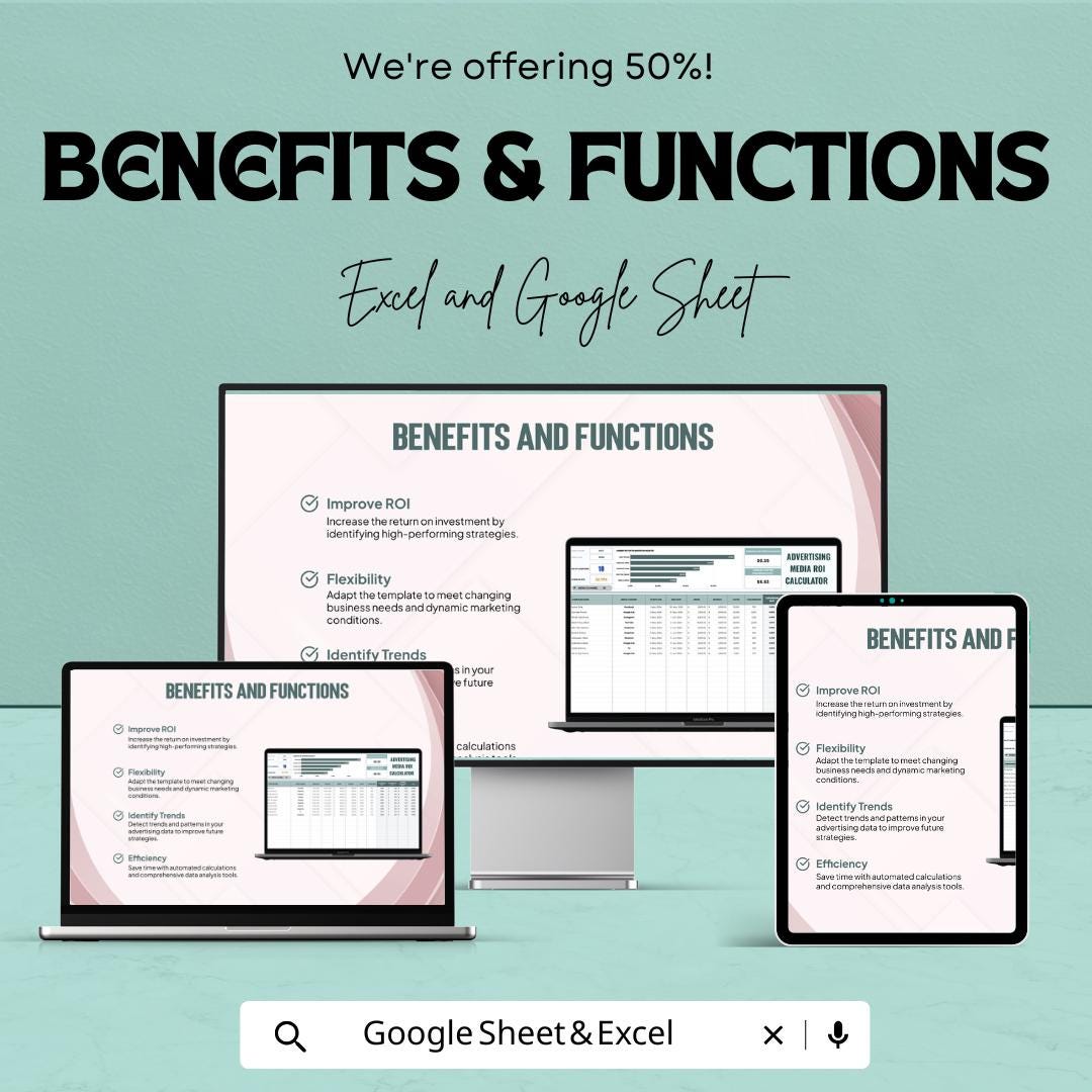 Advertising Media ROI Calculator Template | Excel & Google Sheets | Marketing ROI Calculator | Ad Performance Analysis Worksheet |