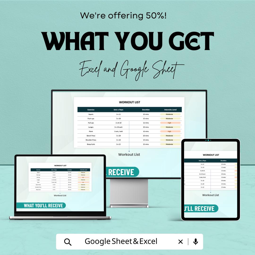 30 Day Workout Template | Fitness Tracker Spreadsheet | Gym Workout Planner | Exercise Log | Digital Fitness Planner | Workout Tracker