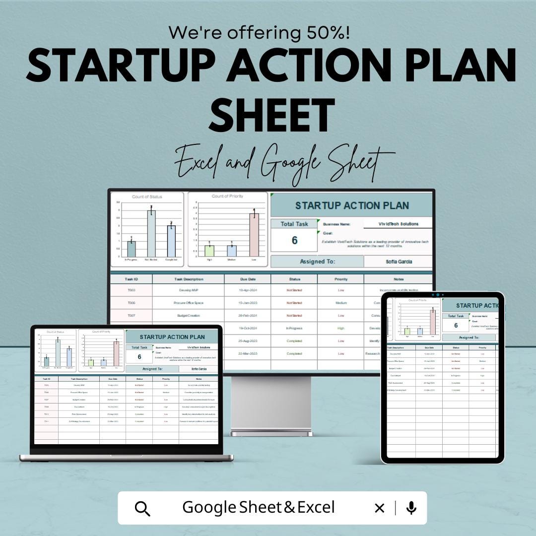 Startup Action Plan Template - Excel & Google Sheet - Business Task Tracker, Goal Setting, Startup Planning, Action Plan for Entrepreneurs,