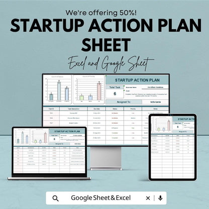 Startup Action Plan Template - Excel & Google Sheet - Business Task Tracker, Goal Setting, Startup Planning, Action Plan for Entrepreneurs,