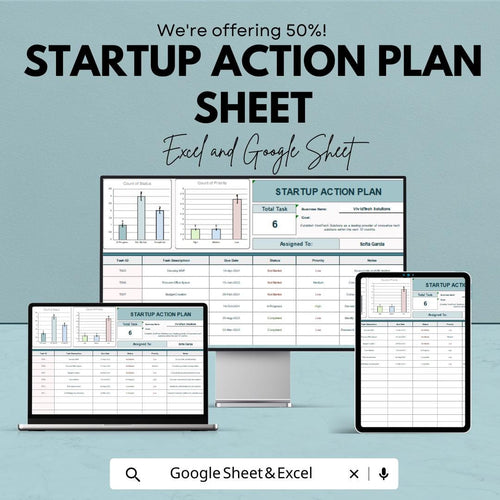 Startup Action Plan Template - Excel & Google Sheet - Business Task Tracker, Goal Setting, Startup Planning, Action Plan for Entrepreneurs,