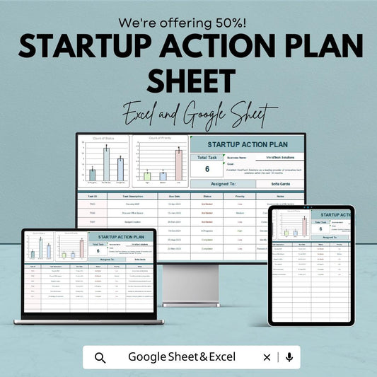 Startup Action Plan Template - Excel & Google Sheet - Business Task Tracker, Goal Setting, Startup Planning, Action Plan for Entrepreneurs,