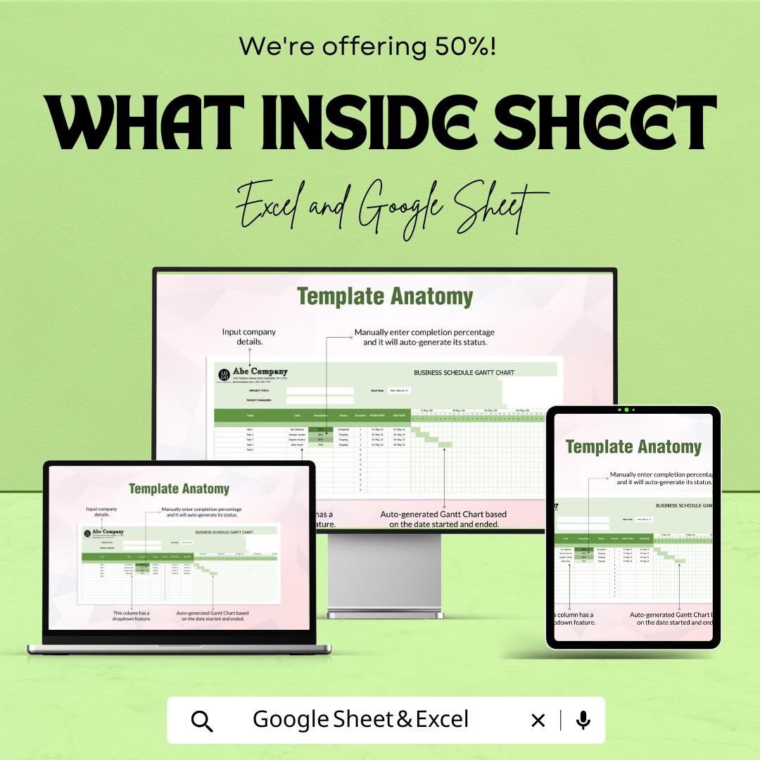 Business Schedule Gantt Chart Sheet - Project Planning, Task Management, Google Sheets & Excel Template for Scheduling