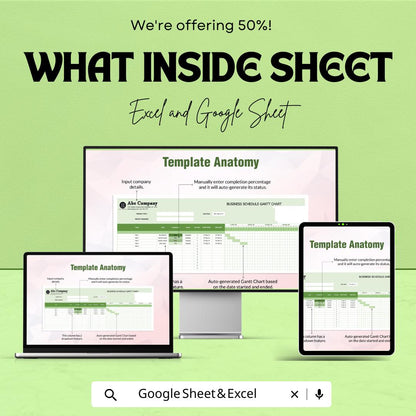Business Schedule Gantt Chart Sheet - Project Planning, Task Management, Google Sheets & Excel Template for Scheduling