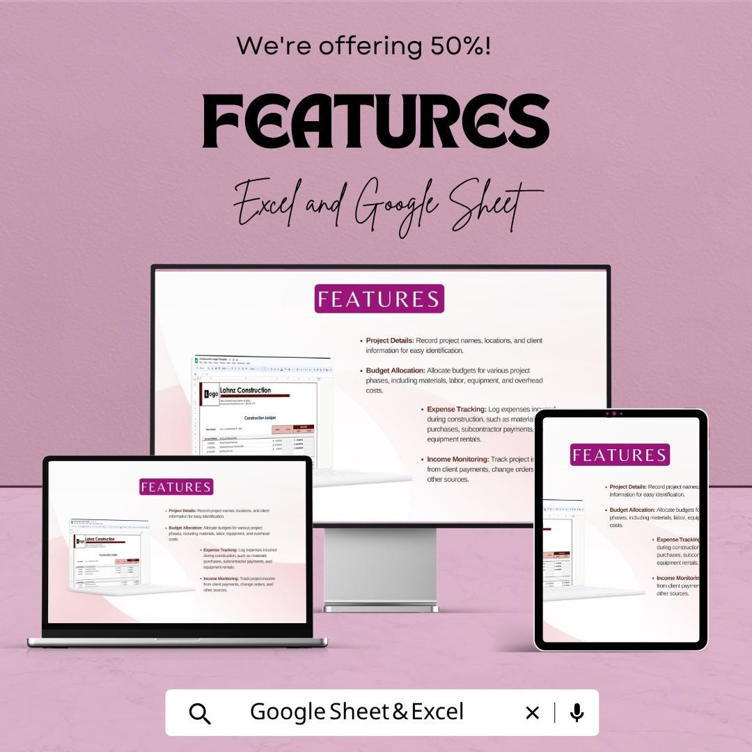 Construction Ledger Template | Excel Construction Accounting Spreadsheet | Google Sheets Ledger Tracker | Contractor Expense Tracker |