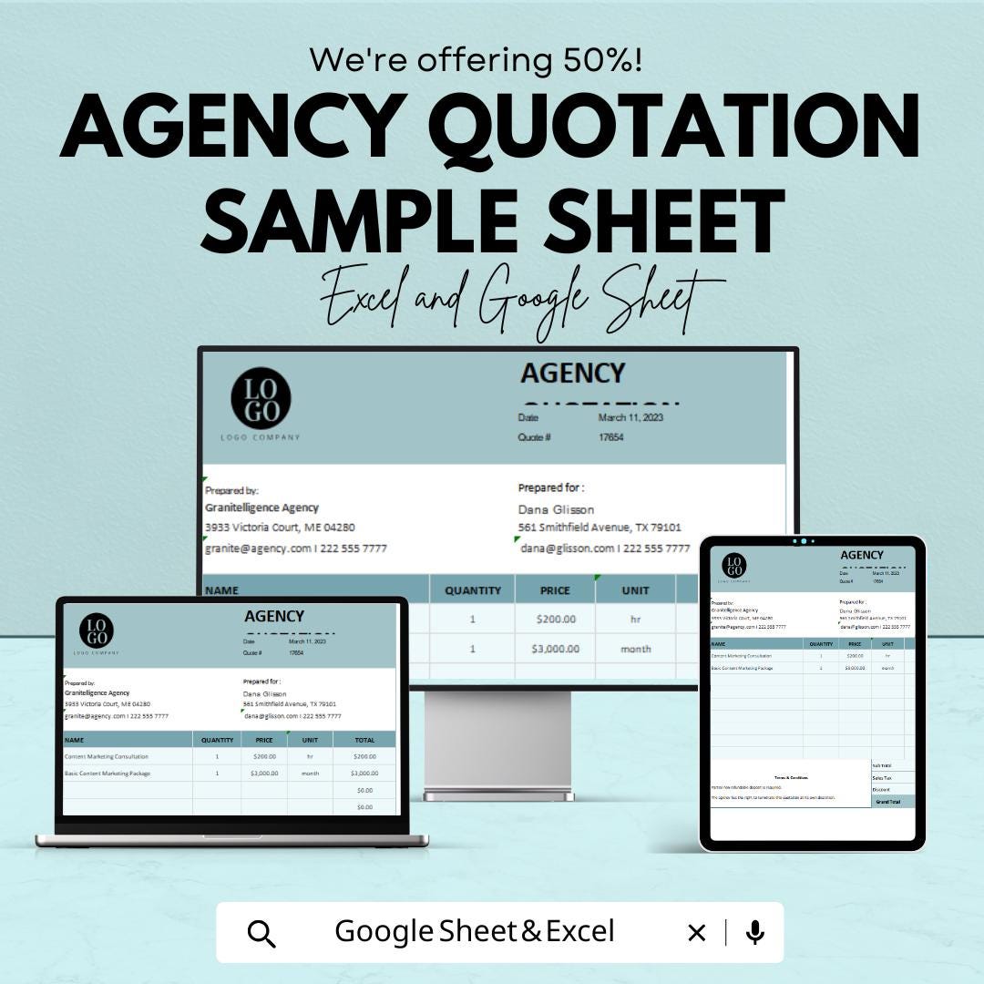Agency Quotation Sample Sheet | Excel and Google Sheets Template | Professional Business Quote Form | Editable Price & Quantity |