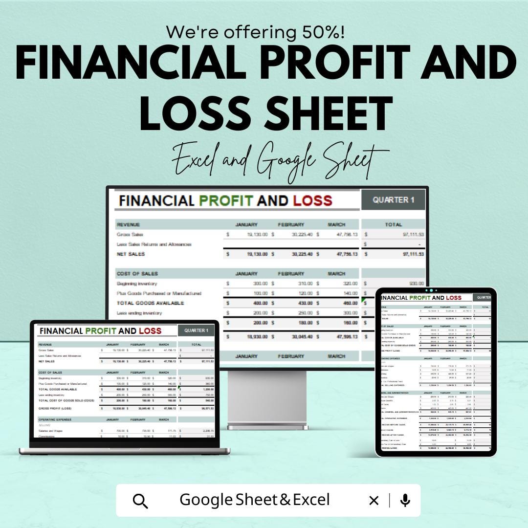 Financial Profit and Loss Sheet | Budget Management and Expense Tracker | Google Sheets | Instant Download for Small Business & Personal Use