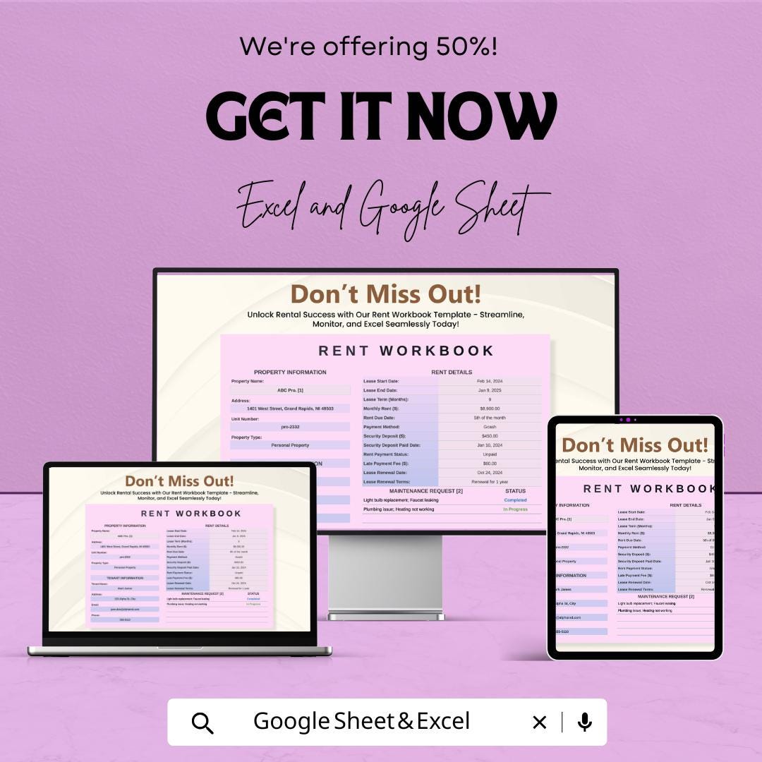 Rent Workbook Template | Excel and Google Sheets | Rental Property Tracker | Tenant Management Sheet | Lease Tracker | Editable Rent Log