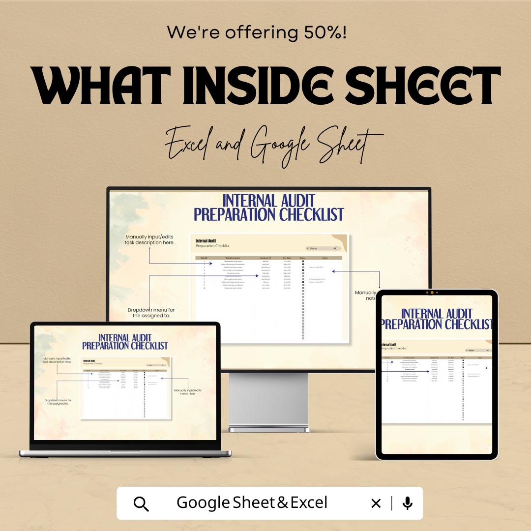 Internal Audit Preparation Checklist Sheet - Excel and Google Sheet Template for Audit Planning | Task Management & Compliance Tracking
