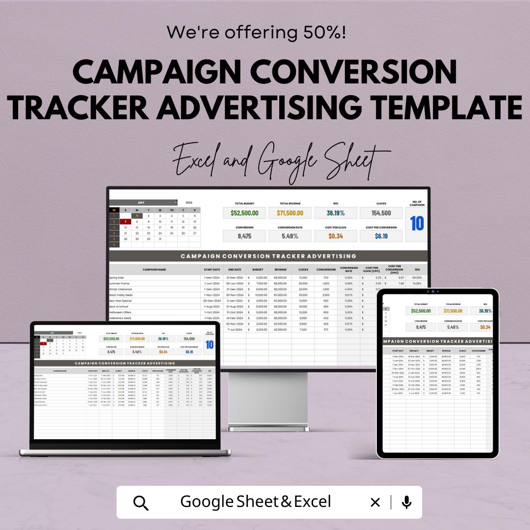 Campaign Conversion Tracker Template | Advertising ROI Tracker | Marketing Budget Spreadsheet | PPC Performance Dashboard