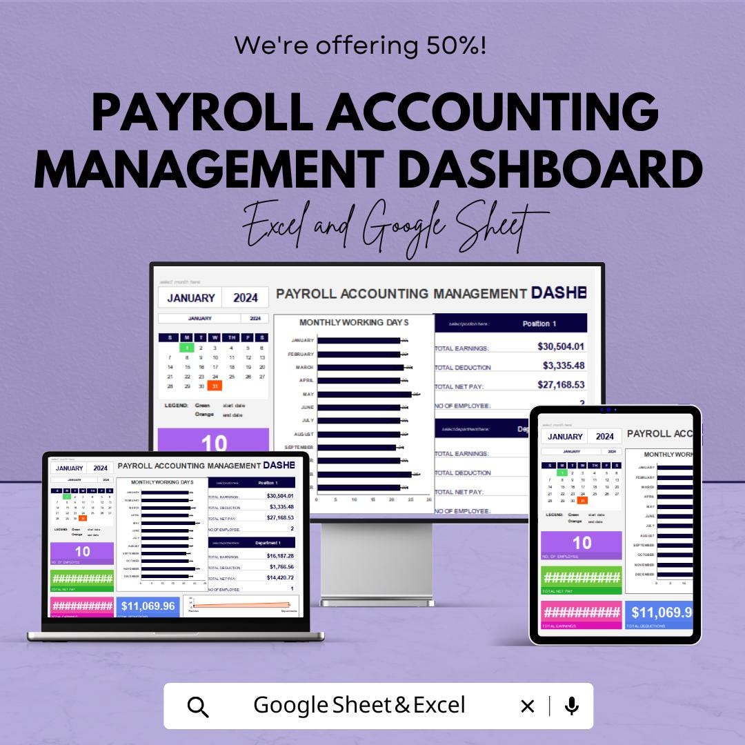Payroll Accounting Management Dashboard | Google Sheet | Budget Tracker & Payroll Management Tool | Track Earnings, Deductions and Taxes