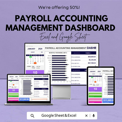 Payroll Accounting Management Dashboard | Google Sheet | Budget Tracker & Payroll Management Tool | Track Earnings, Deductions and Taxes