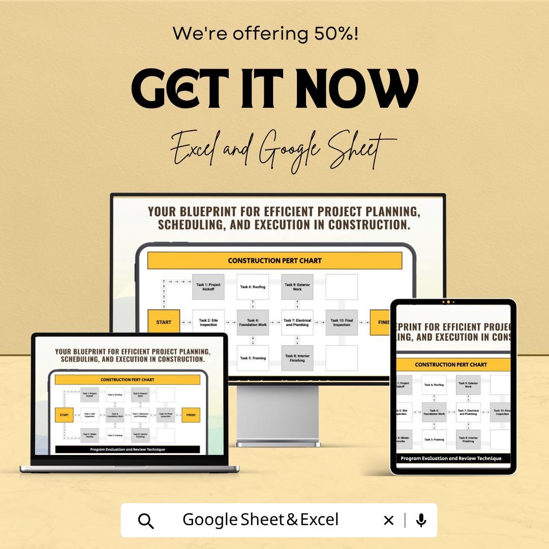 Construction PERT Chart Template | Project Management Spreadsheet | Construction Planning Tool | Excel & Google Sheets |